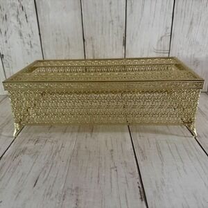 Vintage Gold Filigree Tissue Box Cover Hollywood Regency Metal Footed Ornate MCM